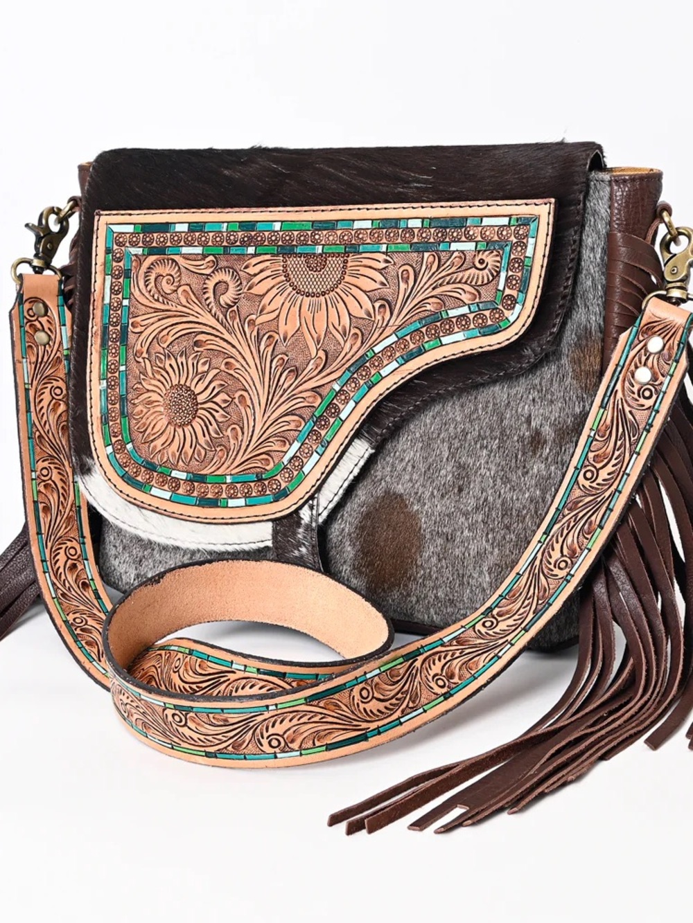 Hand-Tooled Floral Leather Crossbody Bag - Brown & Tan